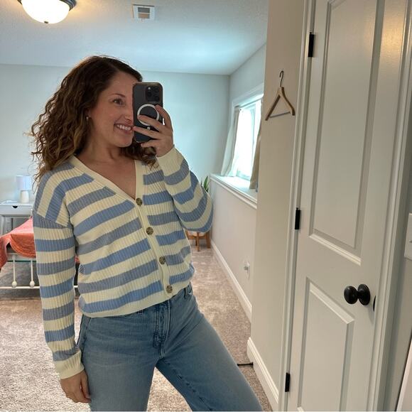 Talbots Blue White Striped Cardigan Sweater Medium - Picture 2 of 15
